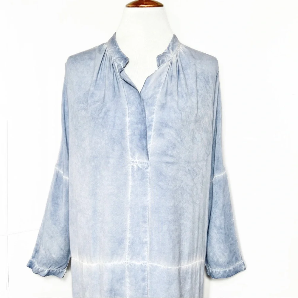 Anthropologie Blue Tie Dye 3/4 Sleeve High-Low Chambray Tunic Shirtdress - Picture 2 of 10